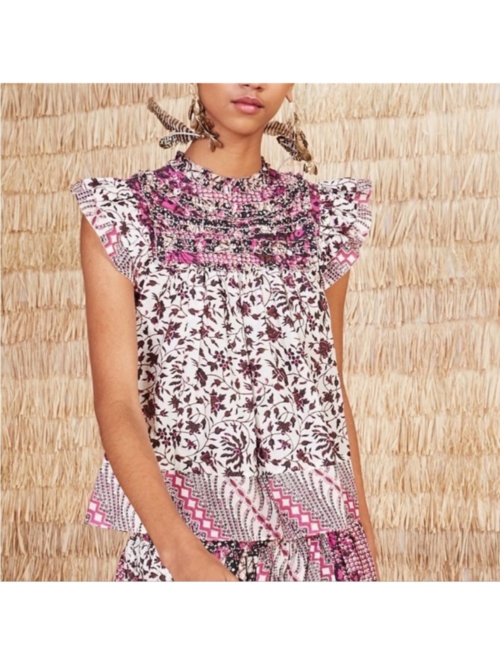 Ulla Johnson Nuru Cream Blouse with Pink & Black Print Flutter Sleeve Size 6 - Picture 6 of 6